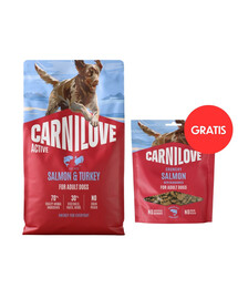 CARNILOVE Active Adult Trockenfutter mit Lachs und Truthahn für aktive Hunde aller Rassen getreidefrei 4 kg + Crunchy Snack Salmon 200g
