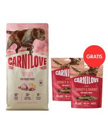 CARNILOVE True Fresh Trockenfutter mit Pute für adulte Hunde getreidefrei 12 kg + Jerky Turkey and Rabbit 2x100g