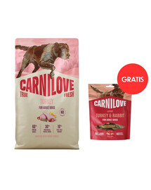 CARNILOVE True Fresh Trockenfutter mit Pute für adulte Hunde getreidefrei 4 kg + Jerky Turkey and Rabbit 100g
