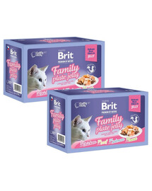 BRIT Family Plate Jelly Mix Geschmacks in Gelee Huhn, Rind, Lachs, Forelle für Katzen 24x85 g