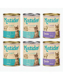 KATIDO Adult Mix Geschmacks Nassfutter mit Kalb, Lamm, Kaninchen für adulte Katzen 6 x 400g