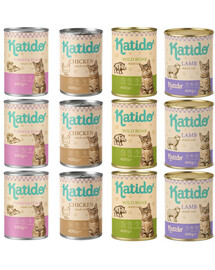 KATIDO Adult Nassfutter Mix Geschmacks mit Wildschwein, Huhn, Lamm Thunfisch für adulte Katzen 12 x 400g