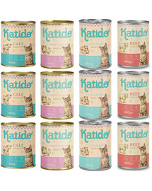 KATIDO Adult Nassfutter Mix Geschmacks Kalb, Kaninchen, Pute, Ente, Rind für adulte Katzen 12x400g