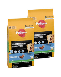 PEDIGREE Professional Nutrition Junior mit Geflügel und Gemüse für Welpen mittlerer und großer Rassen 2 x 12 kg