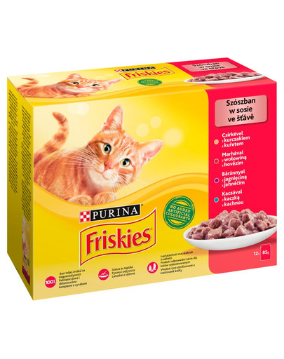 FRISKIES Nassfutter in Sauce mit Huhn, Rind, Lamm und Ente 12x85g