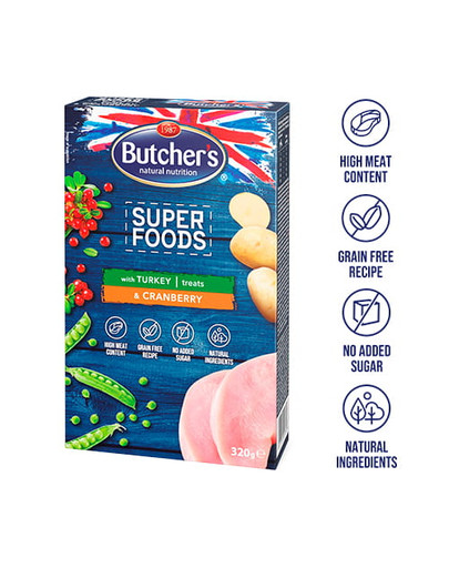 BUTCHER'S Superfoods Grain Free gebackene Snacks mit Truthahn und Preiselbeeren 6 x 320 g