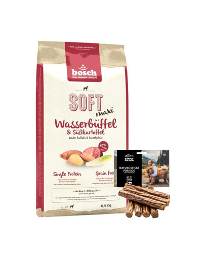 BOSCH Soft Maxi Wasserbüffel & Süßkartoffel 12,5 kg + Hundesnacks Nature Sticks mit Wildfleisch 7 Stck