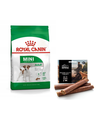 ROYAL CANIN Mini Adult 8 kg + natürliche Zigarren mit Rind 3 Stück