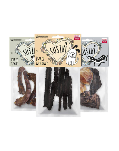 PAKA ZWIERZAKA Mix getrocknete Snacks Rinderpansen, Hühnerhälse, Rindfleisch 3 x 100 g
