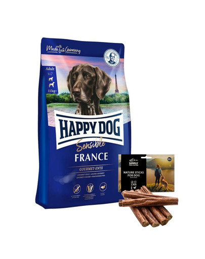 HAPPY DOG Supreme France 12,5 kg + natürliche Zigarren mit Entenfleisch 7 Stück