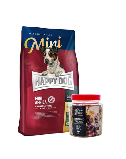 HAPPY DOG Mini Africa 4 kg + Trainings-Leckerlis mit Straußenfleisch 300 g