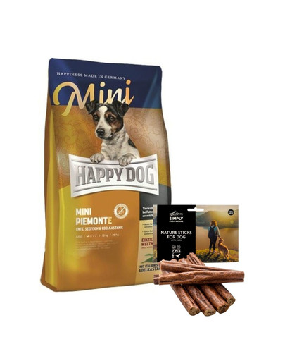 HAPPY DOG Mini Piemonte 4 kg + natürliche Zigarren mit Entenfleisch 7 Stück