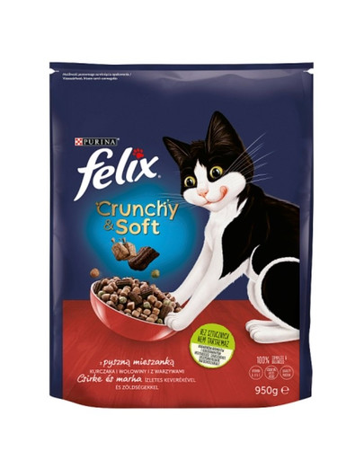 FELIX Crunchy & Soft Katzentrockenfutter mit leckerer Huhn- und Rindfleischmischung mit Gemüse 950 g