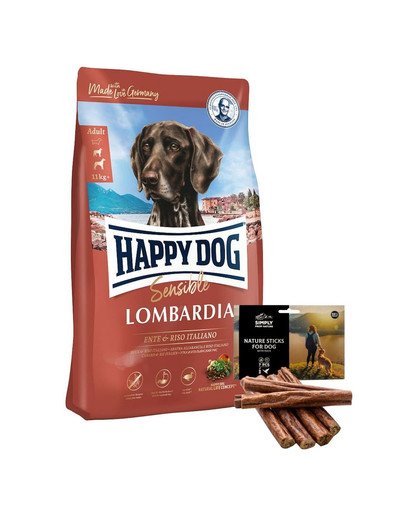 HAPPY DOG Supreme Lombardia 11 kg + natürliche Zigarren mit Entenfleisch 7 Stück