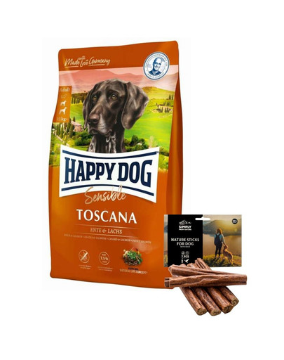 HAPPY DOG Supreme Toscana 12.5 kg + natürliche Zigarren mit Entenfleisch 7 Stück