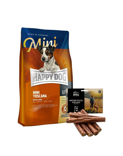 HAPPY DOG Mini Toscana 4 kg + natürliche Zigarren mit Entenfleisch 7 Stück
