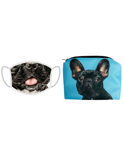 FERA Französische Bulldogge Schutzmaske + Stoff Federtasche/Kosmetiktasche