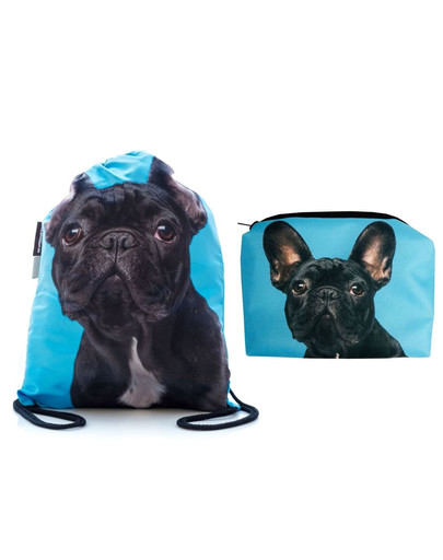 FERA Französisch Bulldogge gedruckt Tasche Rucksack + Kosmetiktasche/Federtasche Stoff
