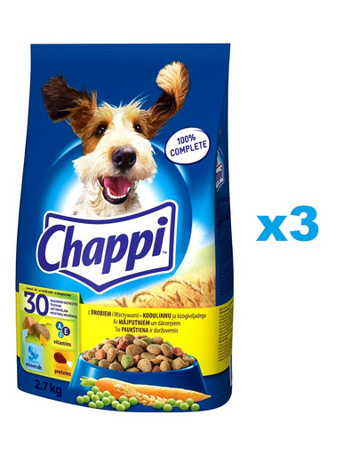 CHAPPI Trockenfutter mit Geflügel 3x2,7kg für ausgewachsene Hunde