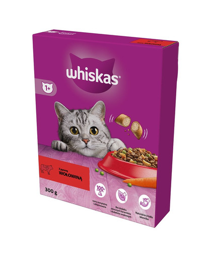 WHISKAS Adult 300g: Trockenfutter für adulte Katzen mit leckerem Rindfleisch