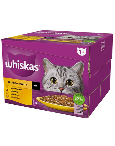 WHISKAS Adult Geflügelfutter in Sauce 48x85 g Stücke mit Huhn, Ente, Geflügel, Pute für ausgewachsene Katzen