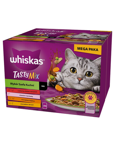 WHISKAS Adult Tasty Mix Chef's choice in Sauce 48x85 g Stücke mit Rind, Lachs, Huhn und Pute, Huhn und Kabeljau für Katzen