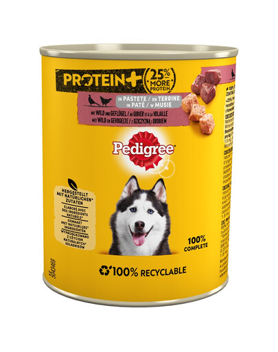 PEDIGREE Adult Protein+ 12x800 g Komplett-Nassfutter für ausgewachsene Hunde mit Wild und Geflügel in Mousse