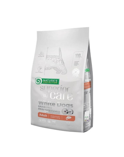 NATURES PROTECTION SUPERIOR CARE White Dogs Grain Free Salmon Adult Small and Mini Breeds 1,5 kg mit Lachs Hunde kleiner Rassen mit weißem Fell