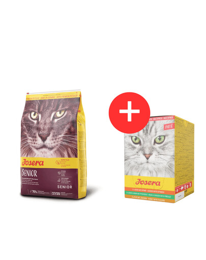 JOSERA Cat Carismo Senior 10 kg Trockenfutter für ältere Katzen + Multipack Pate 6x85 g Pastetenmischung für Katzen GRATIS