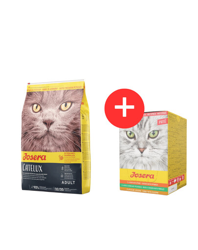 JOSERA Catelux 10 kg Anti-Hairball Futter + Multipack Pate 6x85 g Pastetenmischung für Katzen GRATIS