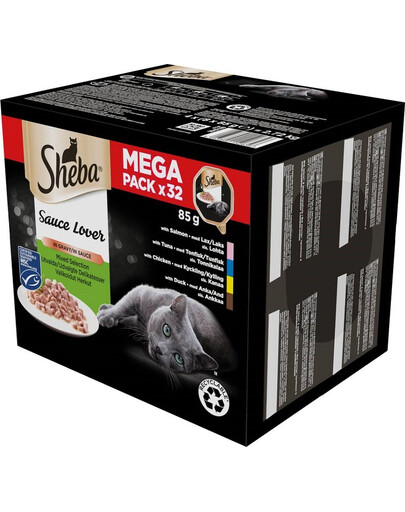 SHEBA Sauce Lover Katzennassfutter Ente, Huhn, Lachs und Thunfisch 32x85g