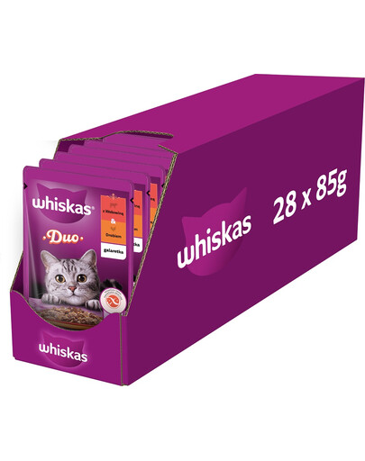 WHISKAS Adult 28x85 g Katzenfutter für ausgewachsene Katzen in Gelee mit Rindfleisch und Geflügel