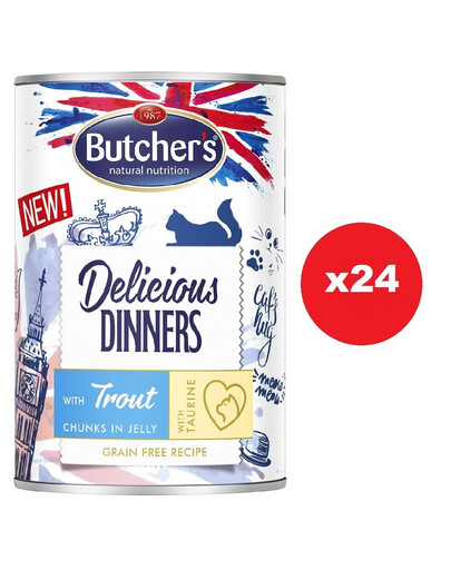 BUTCHER'S Delicious Dinners, Nassfutter mit Forelle in Gelee 24 x 400g