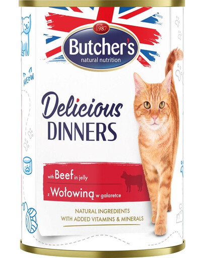 BUTCHER'S Delicious Dinners, Katzenfutter, Stücke mit Rindfleisch in Gelee 12x400g