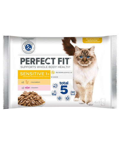 PERFECT FIT Sensitive 1+ 4x85g: Nassfutter mit Huhn, Lachs für adulte Katzen in Soße