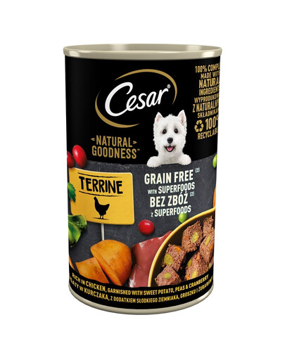 CESAR Natural Goodness in Terrine 400g, reich an Huhn mit Süßkartoffeln, Erbsen und Preiselbeeren
