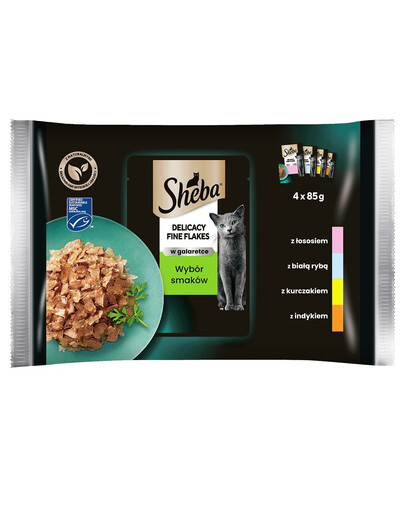 SHEBA Beutel 4x85g Fine Flakes in Jelly – Nassfutter für Katzen in Gelee (mit weißem Fisch, Lachs, Truthahn, und Huhn)