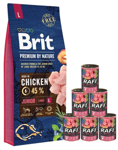 BRIT Premium By Nature Junior Large L 15 kg + Nassfutter mit Kalb 6x400 g