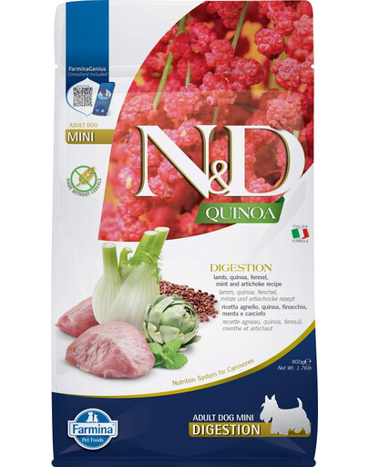 FARMINA N&D Quinoa Dog Adult Mini Digestion Getreidefreies Lamm, Quinoa, Fenchel und Artischocke 800 g