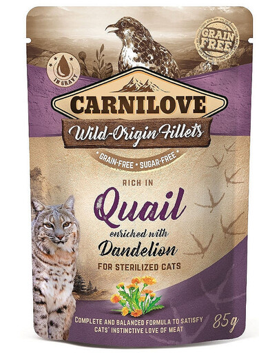 CARNILOVE Cat Pouch Quail with Dandelion 85g Nassfutter für sterilisierte Katzen Wachtel mit Löwenzahn