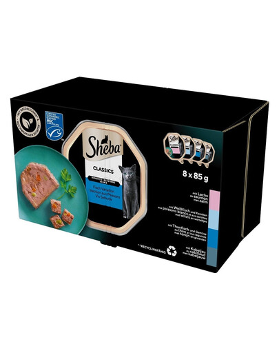 SHEBA Classics 8x85 g Nassfutter Terrine mit Lachs, Weißfisch und Karotte, Thunfisch und Gemüse für adulte Katzen