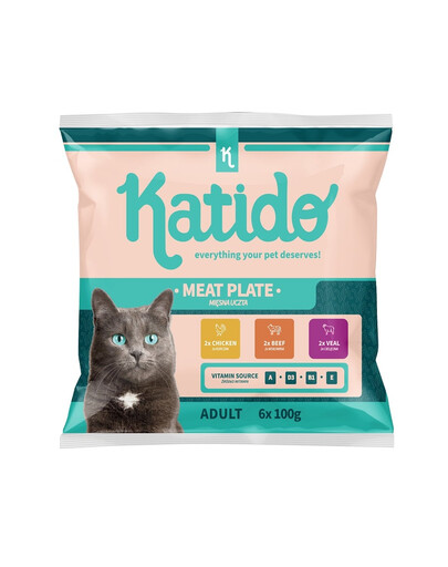 KATIDO Meat Plate Katzennassfutter 6x100g Huhn, Kalbfleisch, Rindfleisch in Sauce