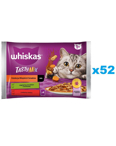 WHISKAS Adult 52 x 85g Collection Tasty Mix Katzennassfutter in Saucenstücken mit Lamm, Huhn und Karotten, Rind und Geflügel