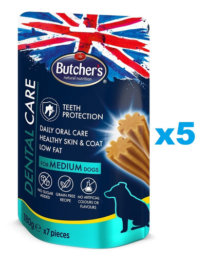 BUTCHER'S Dental Care for Medium Dogs Zahnpflege-Leckerlis für mittelgroße Hunderassen 5x180g