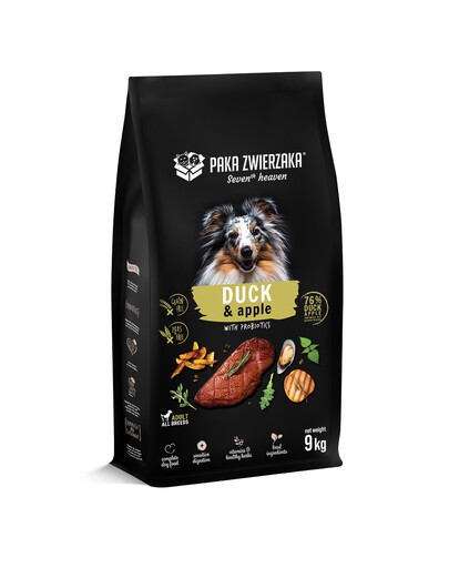 PAKA ZWIERZAKA Seventh Heaven Trockenfutter mit Ente und Apfel 9kg + Rindfleischwurst für Hunde 200g GRATIS!