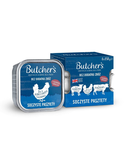 BUTCHER'S Original Saftige Pastete Gemischte Geschmacksrichtungen mit Leber oder Niere 4x150 g Pastete mit Rind, mit Lamm und Huhn für Hunde
