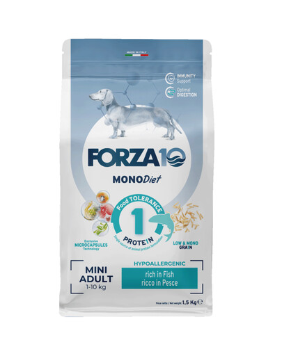 FORZA10 Mini Diet mit Fisch hypoallergenes Trockenfutter für ausgewachsene Hunde kleiner Rassen 1,5 kg