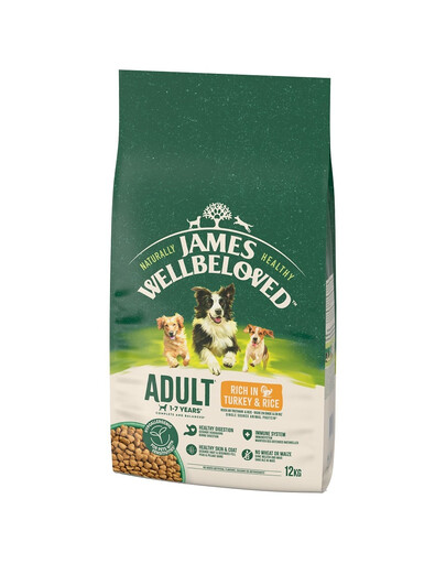 JAMES WELLBELOVED Adult 12 kg Trockenvollnahrung für ausgewachsene Hunde von 1-7 Jahren mit Putenfleisch und Reis