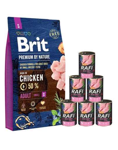 BRIT Premium By Nature Adult Small S 8 kg + Nassfutter mit Truthahn 6x400 g