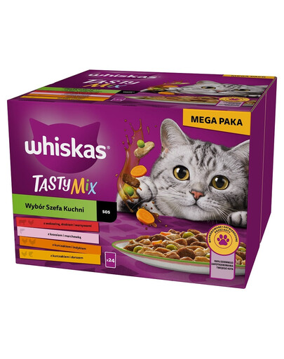 WHISKAS Adult Tasty Mix in Soße 24x85 g mit Rind, Lachs, Huhn, Pute, Kabeljau für Katzen